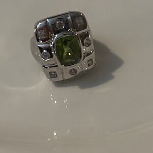 Sterling Silver Unique Ring W/ Cushion Cut Peridot and Rhinestones